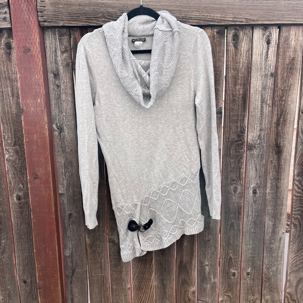 VENUS Light Gray Cowl Neck Sweater with Button Accent